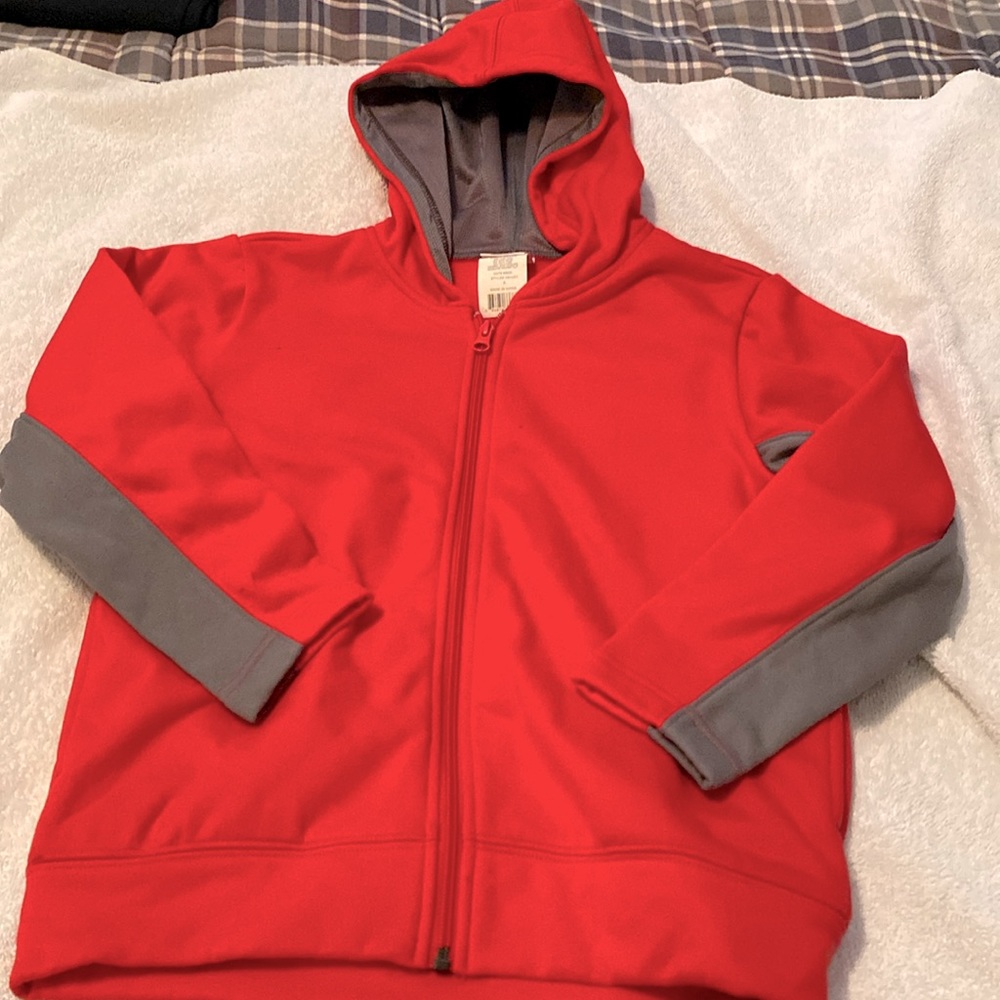 Youth Small Red Zipper Hoodie. Red with gray contrast on sleeves